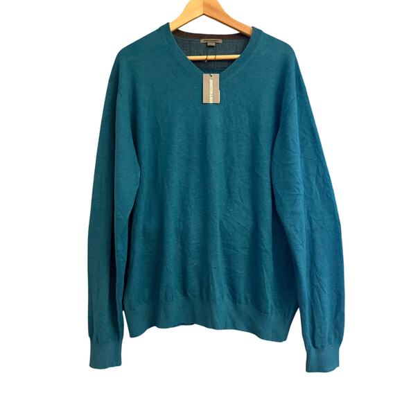 Johnston & Murphy Men’s XL Silk Angora Nylon Blend V-Neck Sweater Teal NWT - Picture 1 of 10